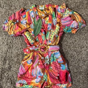 NWT FARM Rio Fruit Salad Plunge Belted Romper Small